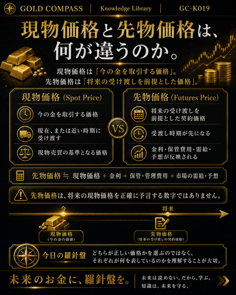 現物価格と先物価格は、何が違うのかを解説するGOLD COMPASS Knowledge Library Volume 019