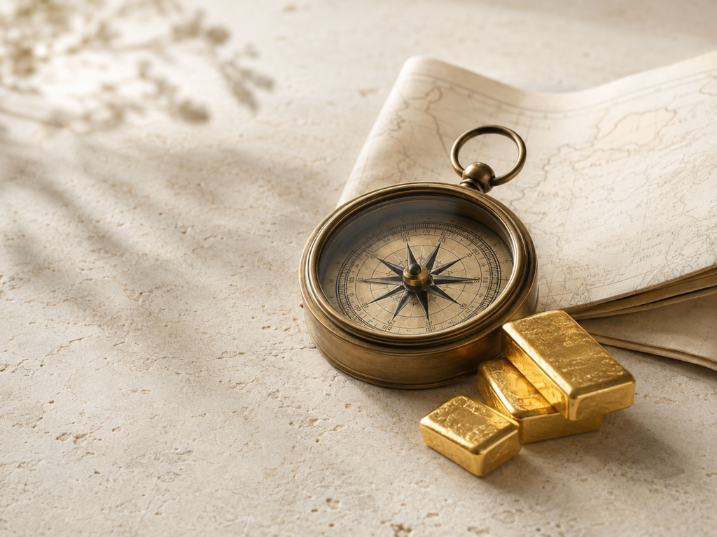 アンティークの羅針盤と純金を配置したGOLD COMPASS 79のイメージ
